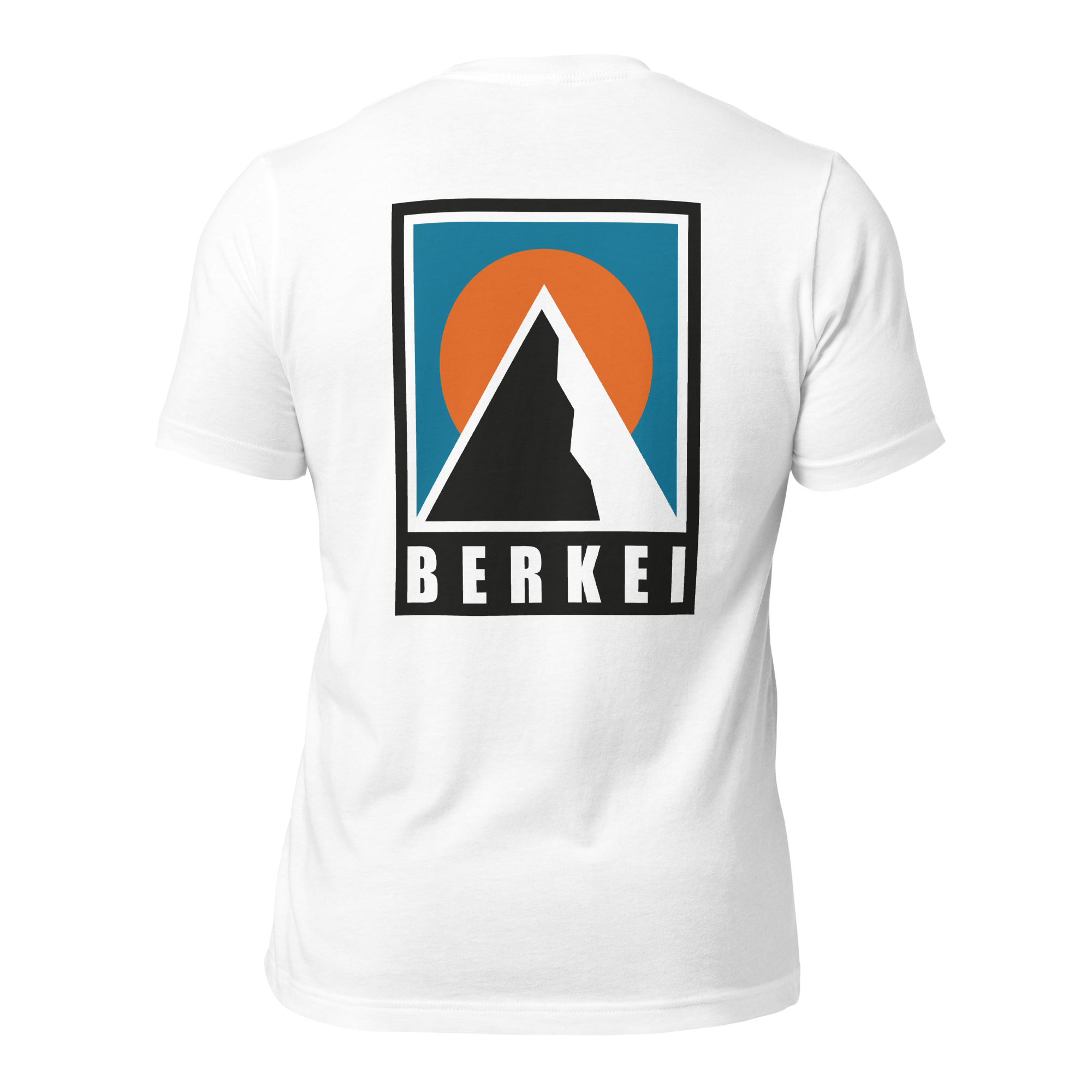 Weißes BERKEI Unisex Bio-T-Shirt mit Mountain-Motiv auf dem Rücken