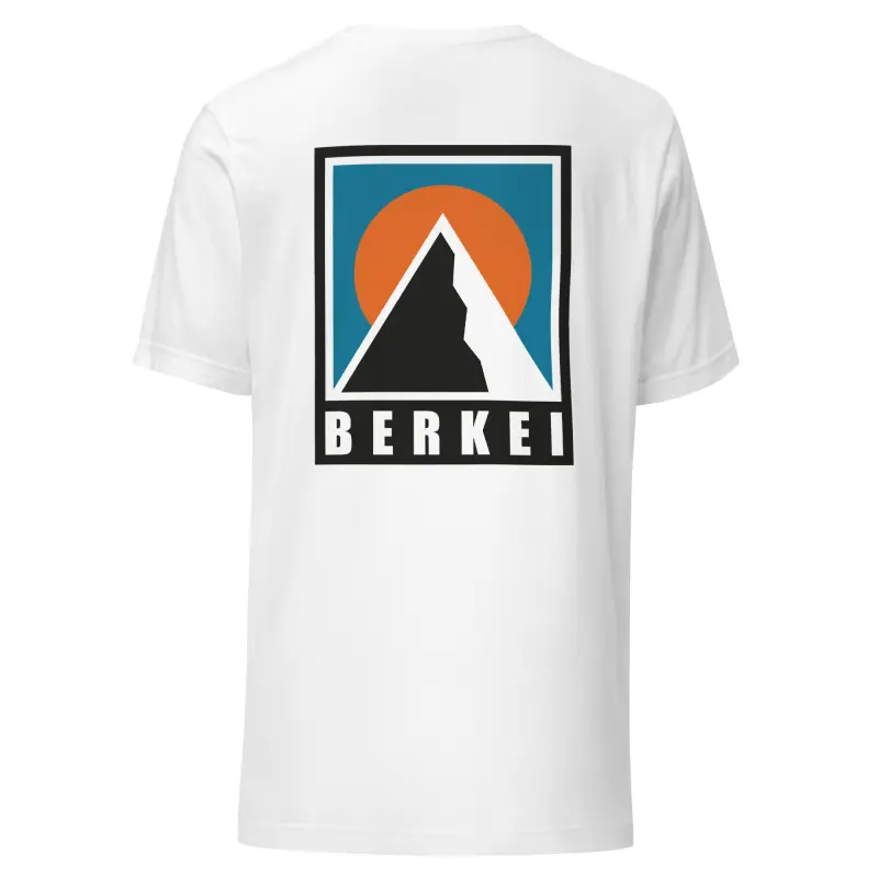 Weißes BERKEI Unisex Bio-T-Shirt mit Bergmotiv auf dem Rücken