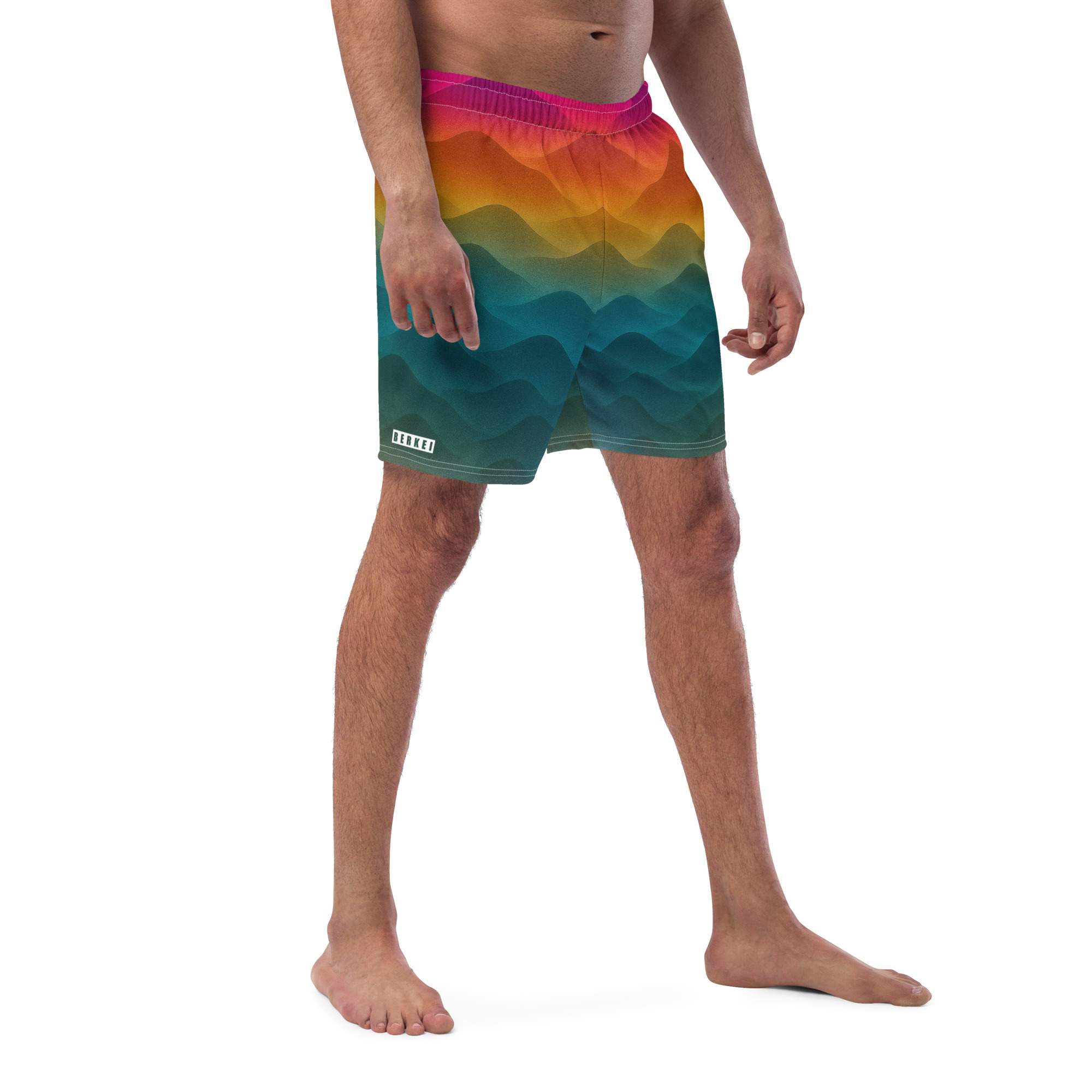 Farbenfrohe BERKEI Badehose Forest Sunrise mit Wellenmotiv, ideal für den Sommer.