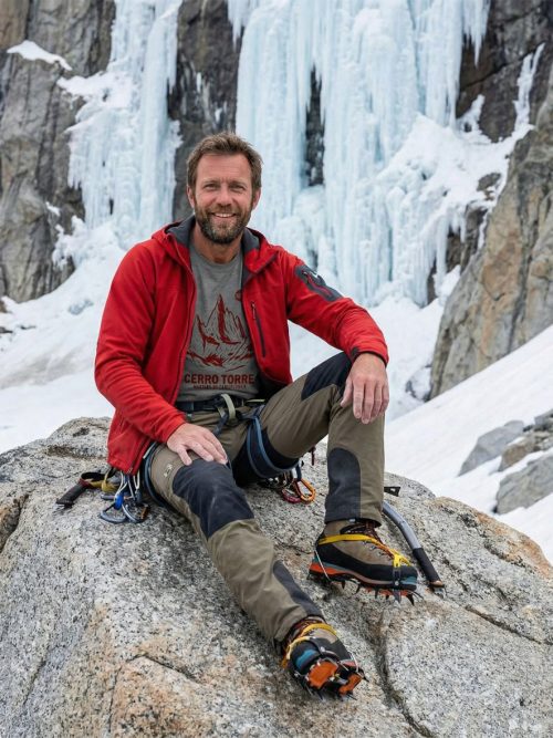 Mann in Eiskletter-T-Shirt mit Cerro Torre Motiv sitzt auf einem Felsen in der Eislandschaft.