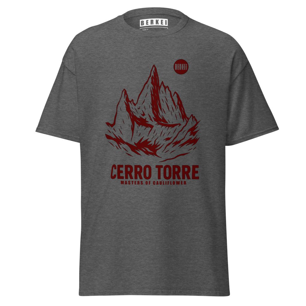 Grau BERKEI Eisklettern T-Shirt mit Cerro Torre Motiv und Schriftzug Masters of Cauliflower Ice.