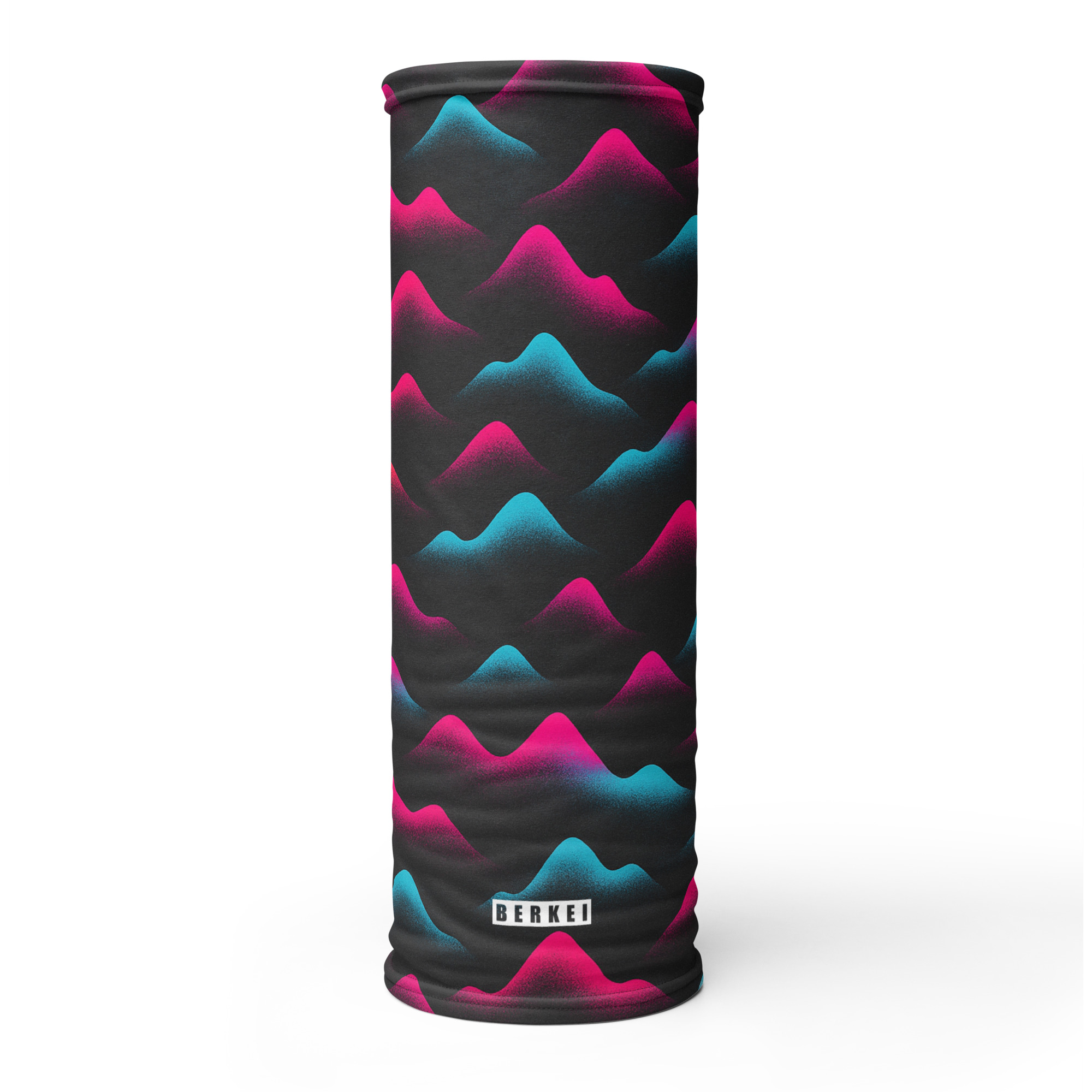 BERKEI Multifunktionstuch Neon Summit mit bunten Bergmustern auf schwarzem Hintergrund