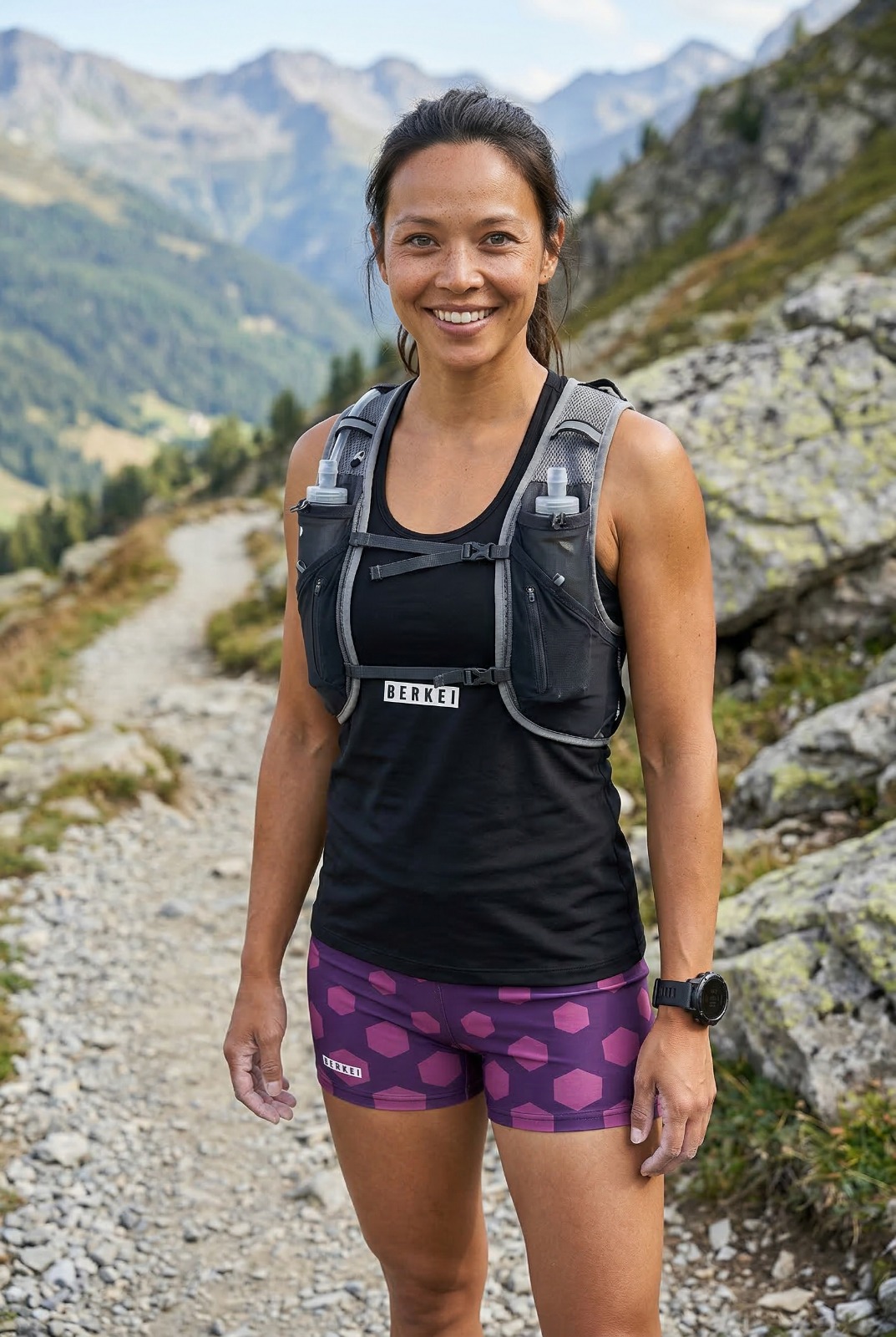 Frau in BERKEI Performance Shorts Purple Gear beim Laufen in den Bergen