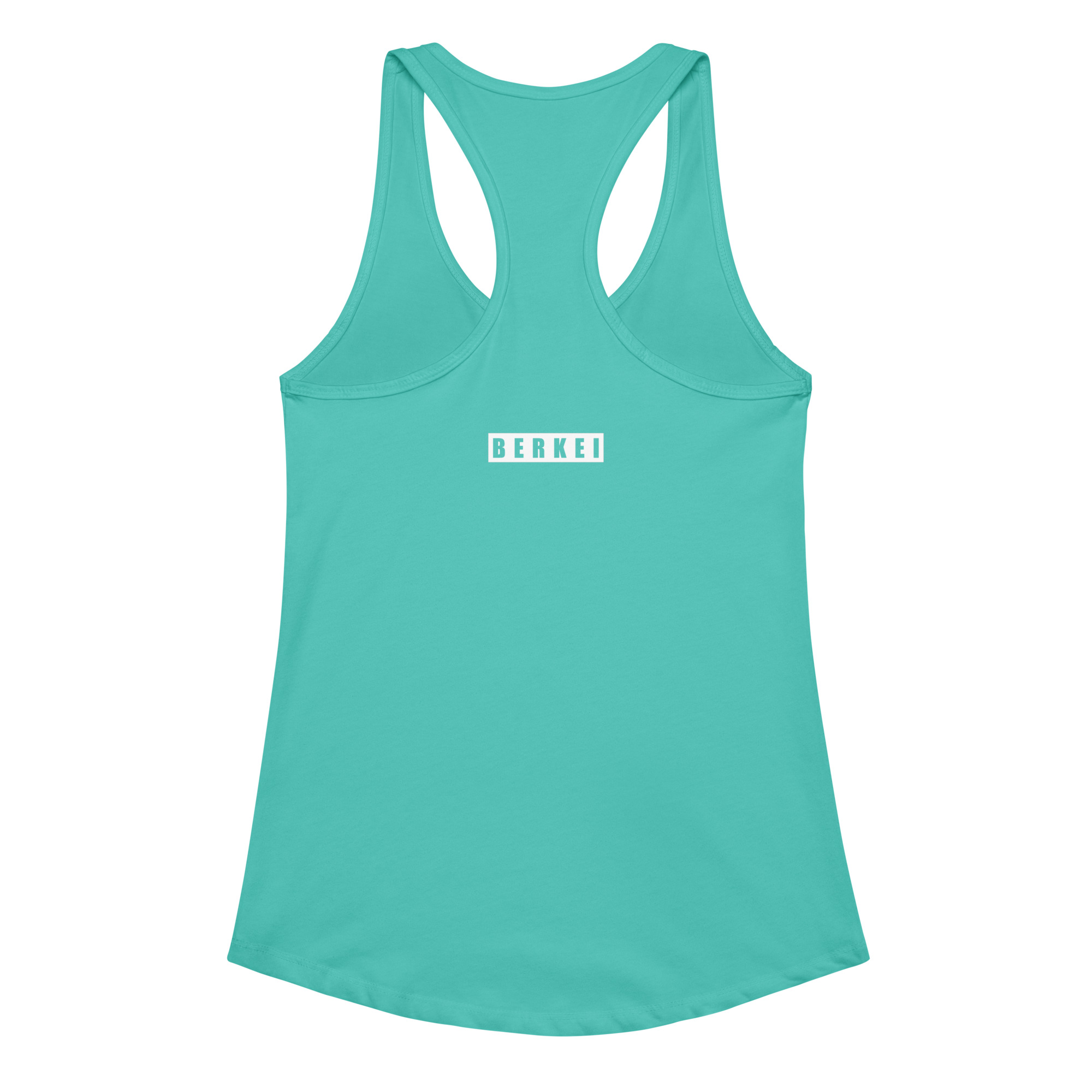 Aquamarinfarbenes BERKEI Racerback-Tanktop mit Logo auf der Rückseite, ideal für Sport und Freizeit.
