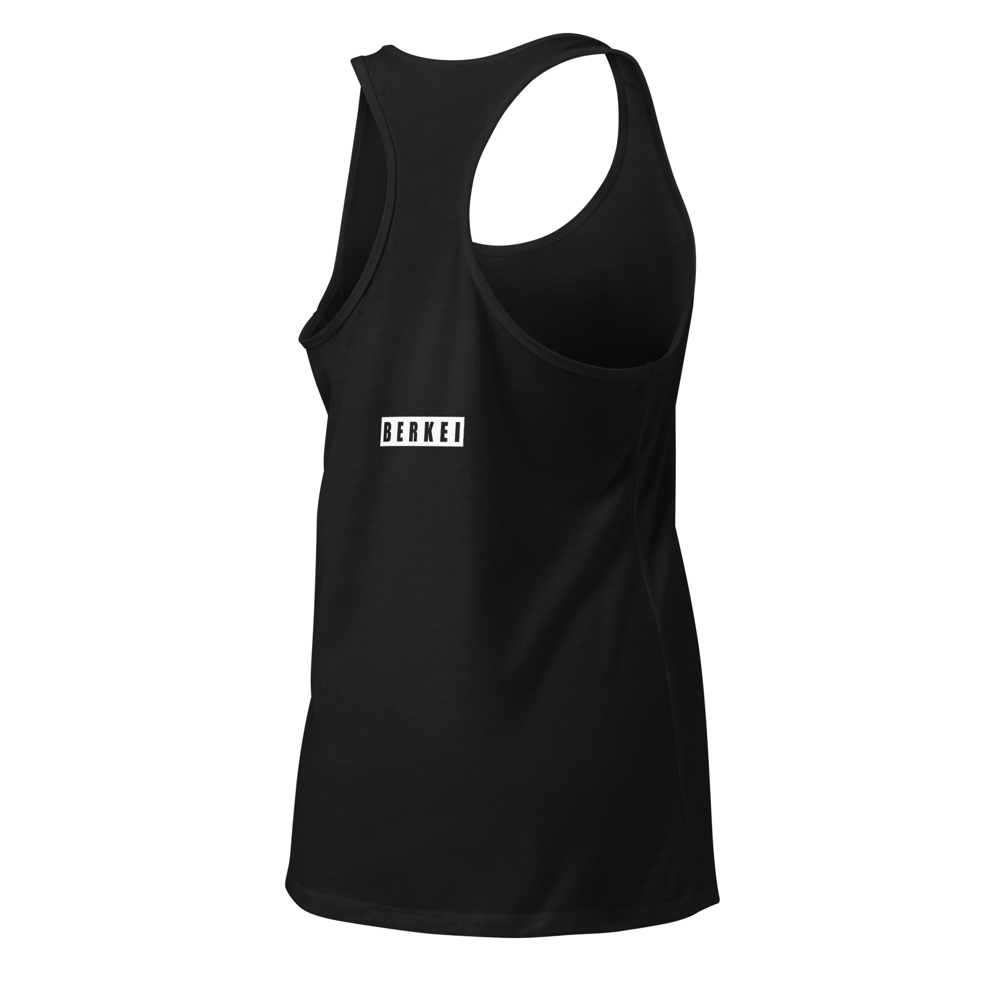 Schwarzes BERKEI Racerback-Tanktop mit Logo, ideal für Sport und Freizeit