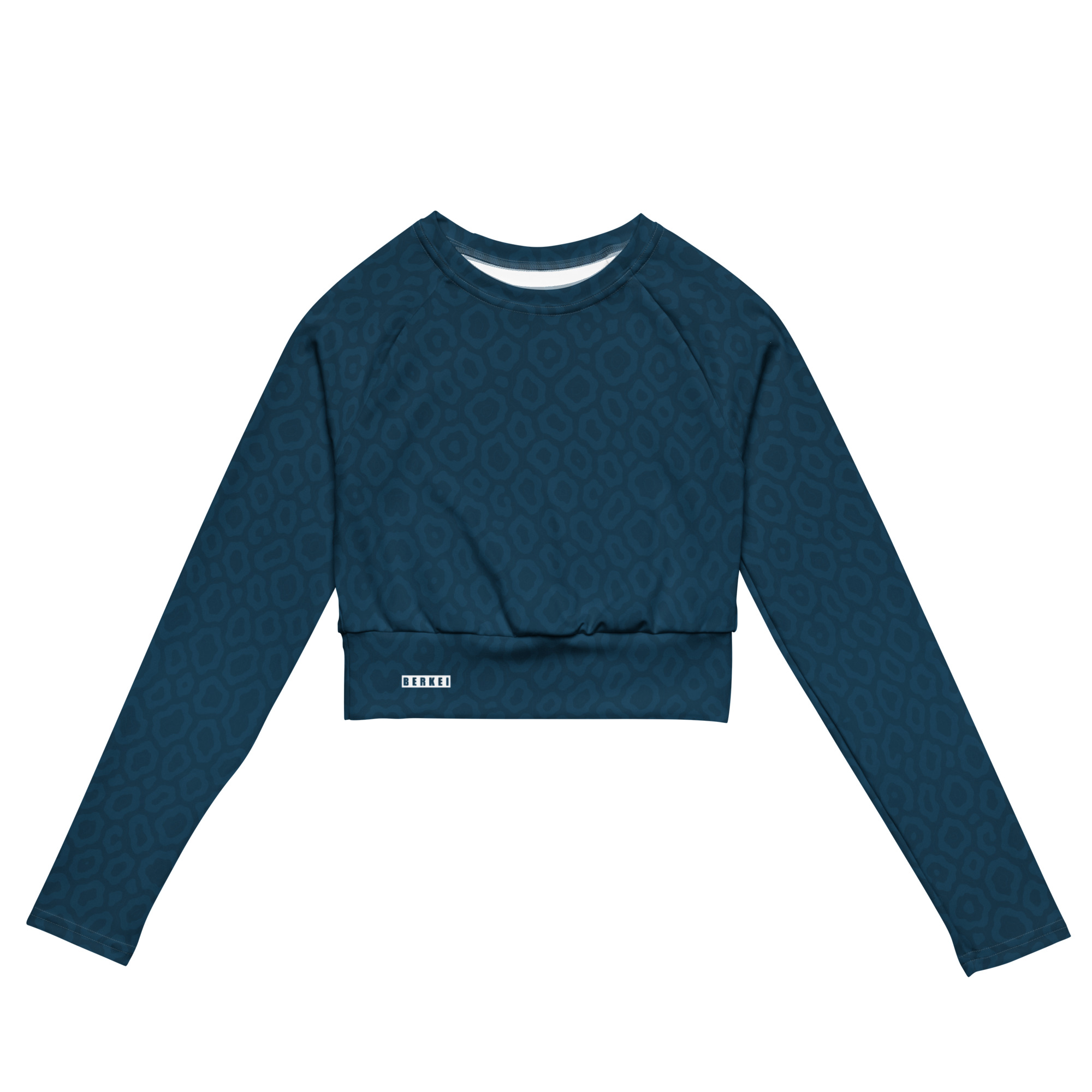 Recyceltes Langarm Crop Top Ocean Leo von BERKEI in elegantem Marineblau mit Leo-Muster