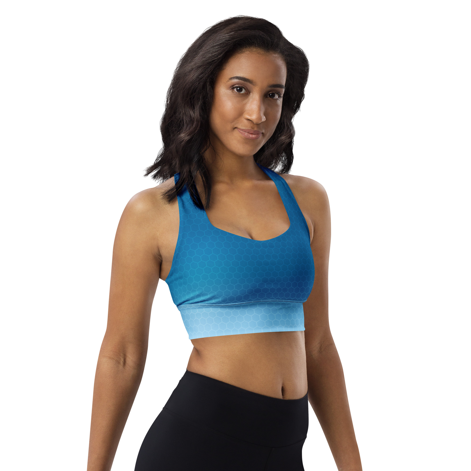 Frau trägt den BERKEI Sport-BH Blue Gear, ideal für intensives Training.