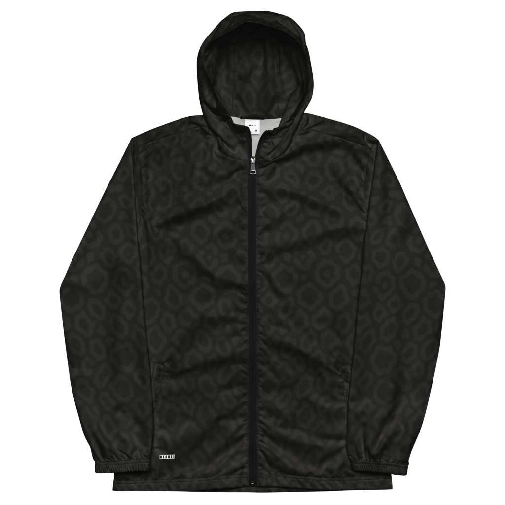 BERKEI Windbreaker Midnight Leo, leichte Jacke mit subtilem Leopardenmuster und Kapuze.