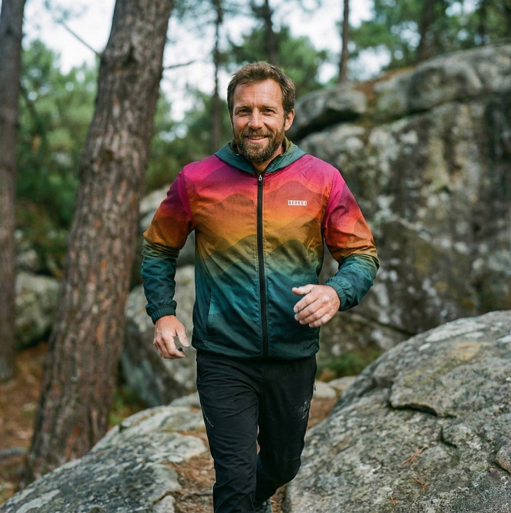 Mann trägt bunten BERKEI Windbreaker Unisex Forest Sunrise beim Laufen in der Natur.