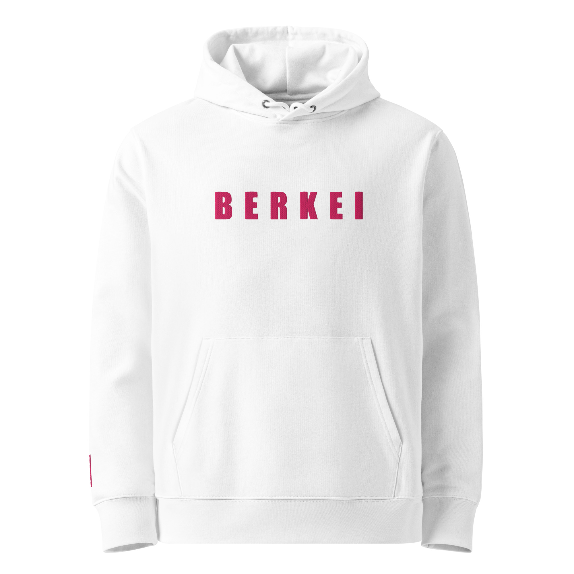 Gemütlicher BERKEI Hoodie Bio Vegan White Berry mit rotem Logo auf weißem Hintergrund.