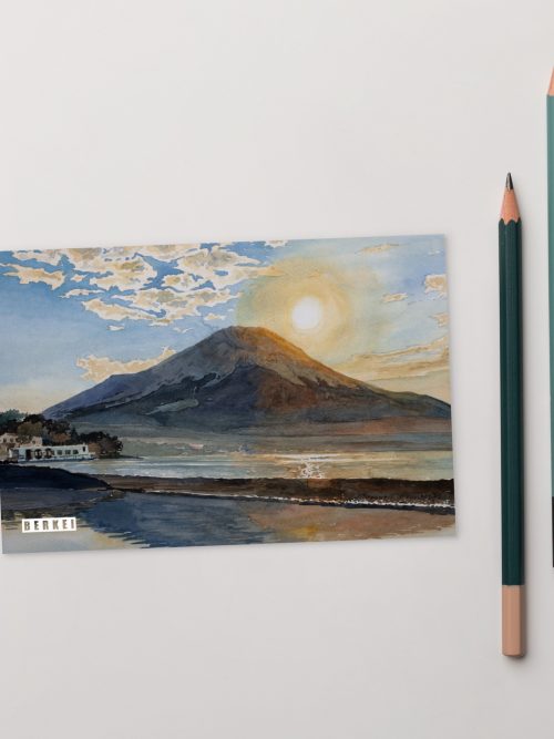 Postkarte Fuji Japan mit Wasserfarbenmalerei und Sonnenuntergangsszene