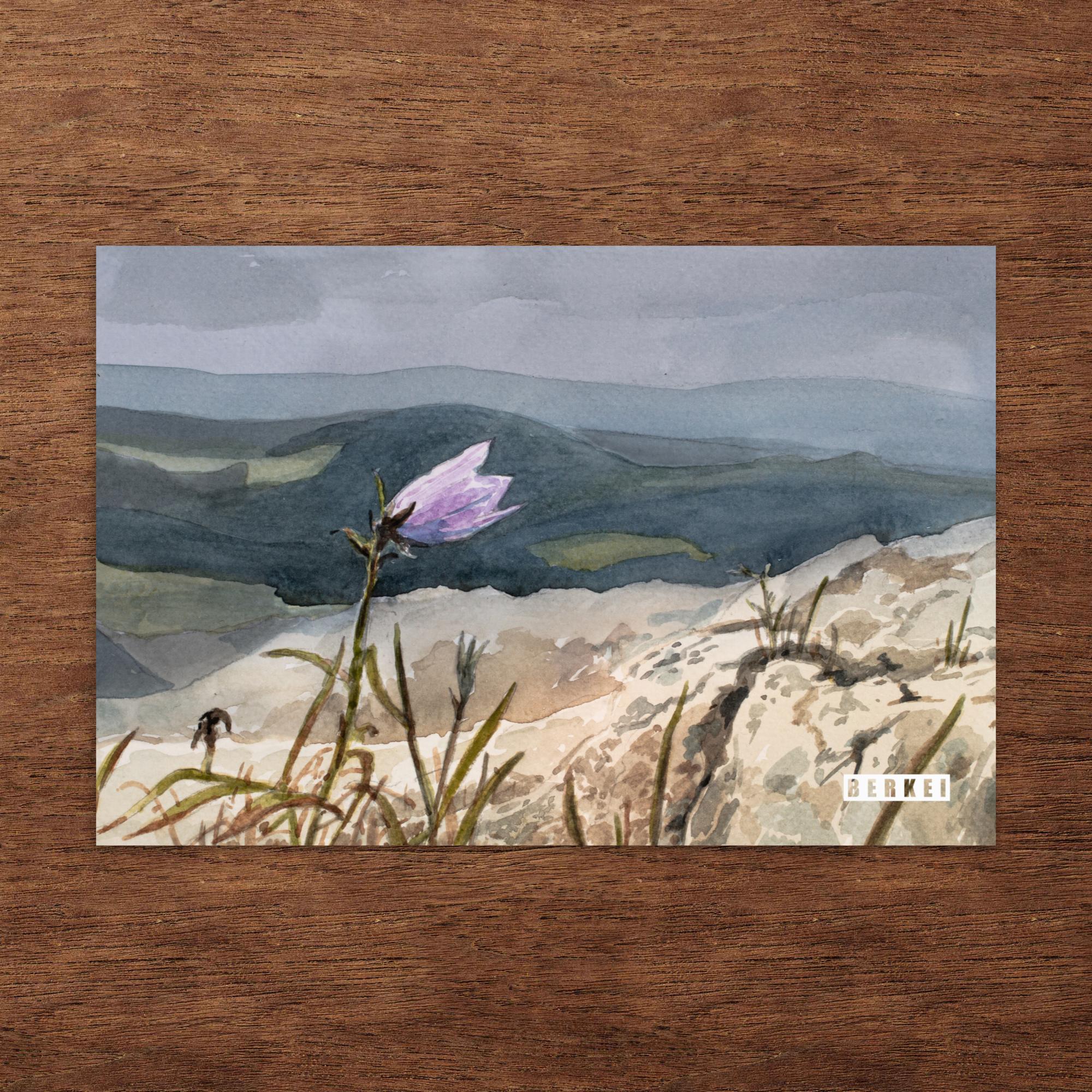Aquarell Postkarte mit Glockenblume und Landschaft bei Milseburg