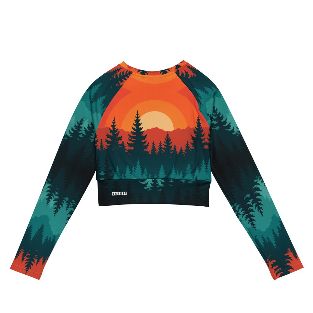 Buntes BERKEI Recyceltes Langarm Crop Top mit Taiga Sunset Motiv