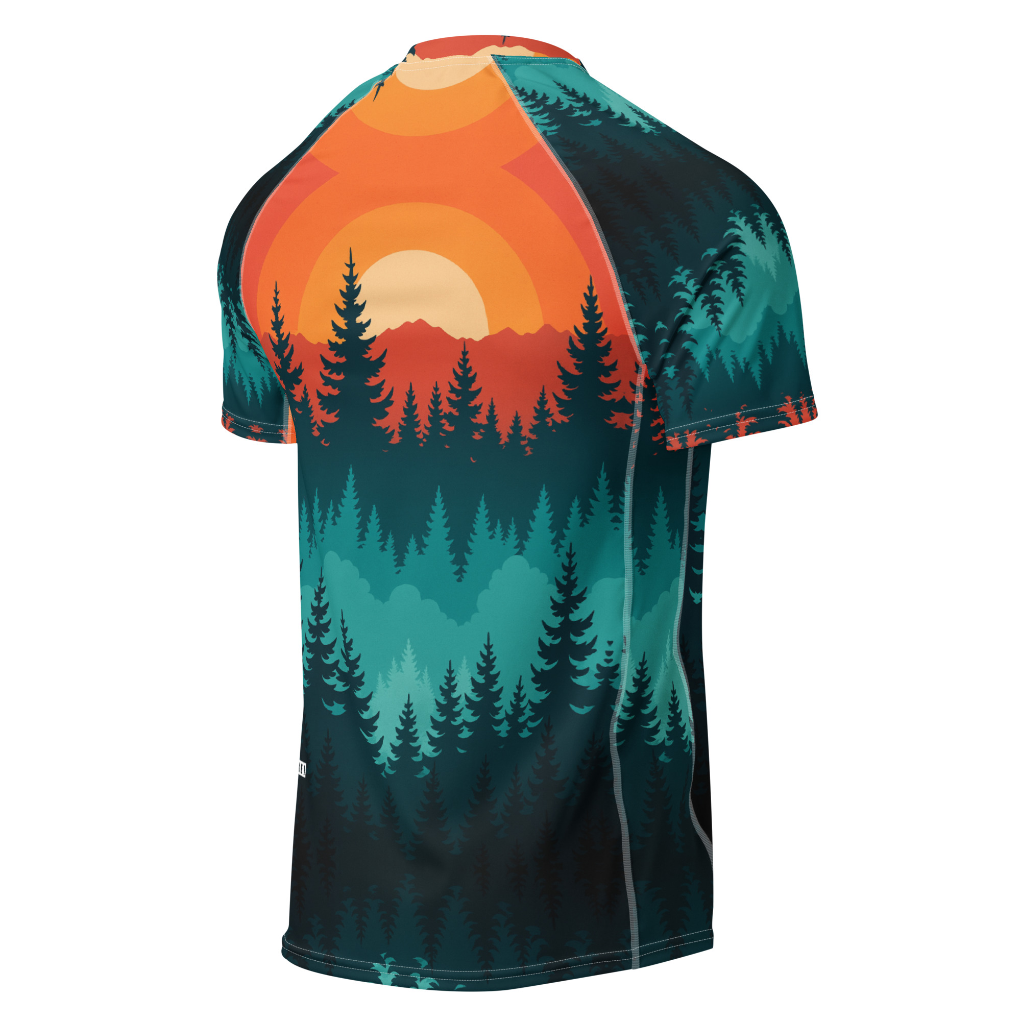 Herren-Rashguard Taiga Sunset von BERKEI mit farbenfrohem Naturmotiv im Sporteinsatz.