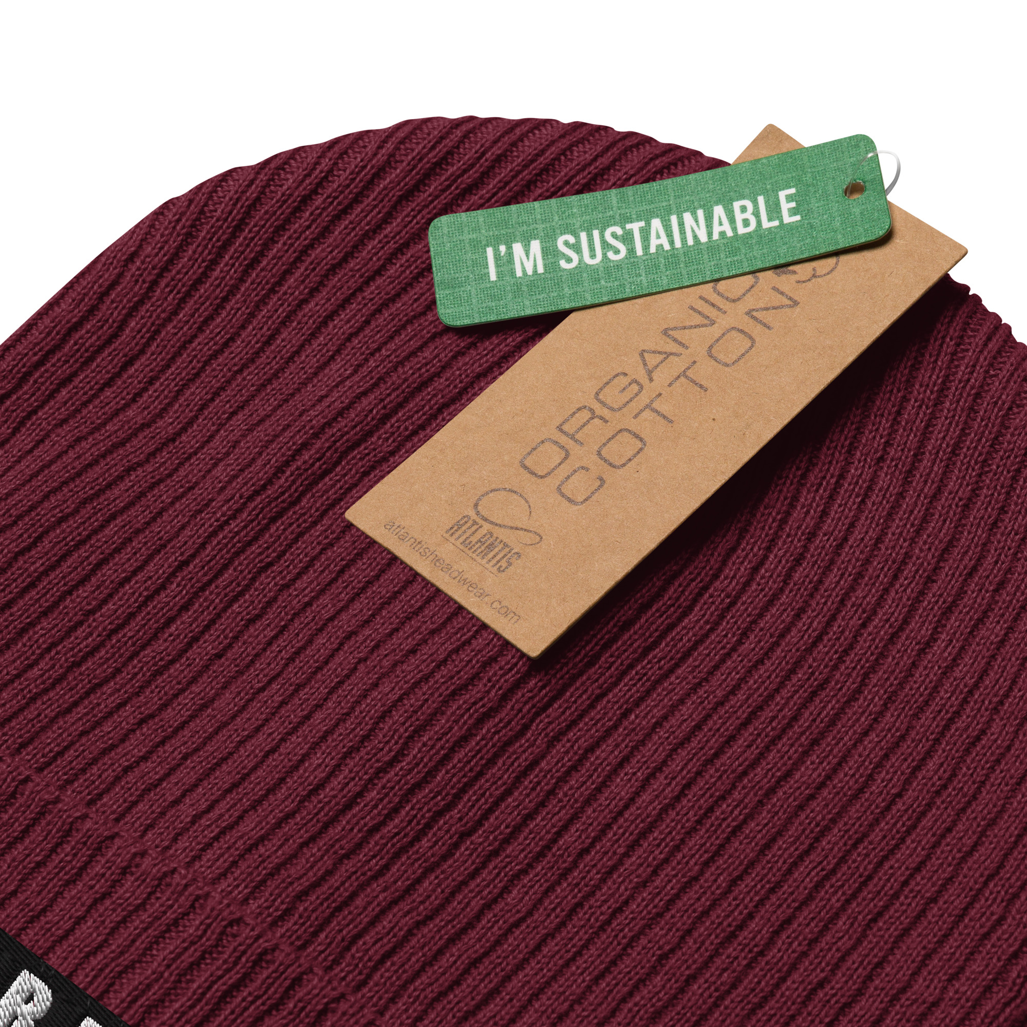 Bordeauxfarbene BERKEI Strickmütze aus Bio-Baumwolle mit Nachhaltigkeits-Tag