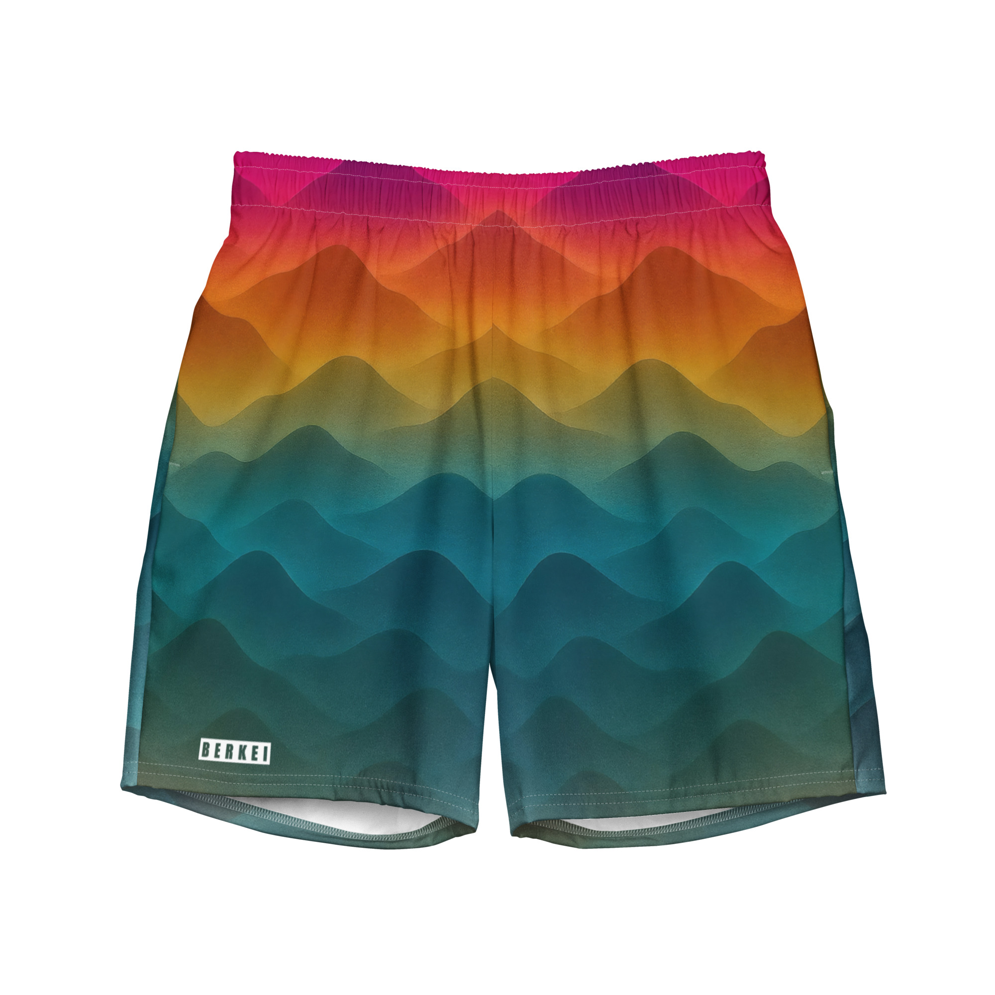 Bunte BERKEI Badehose Forest Sunrise mit Wellenmuster in Orange und Blau