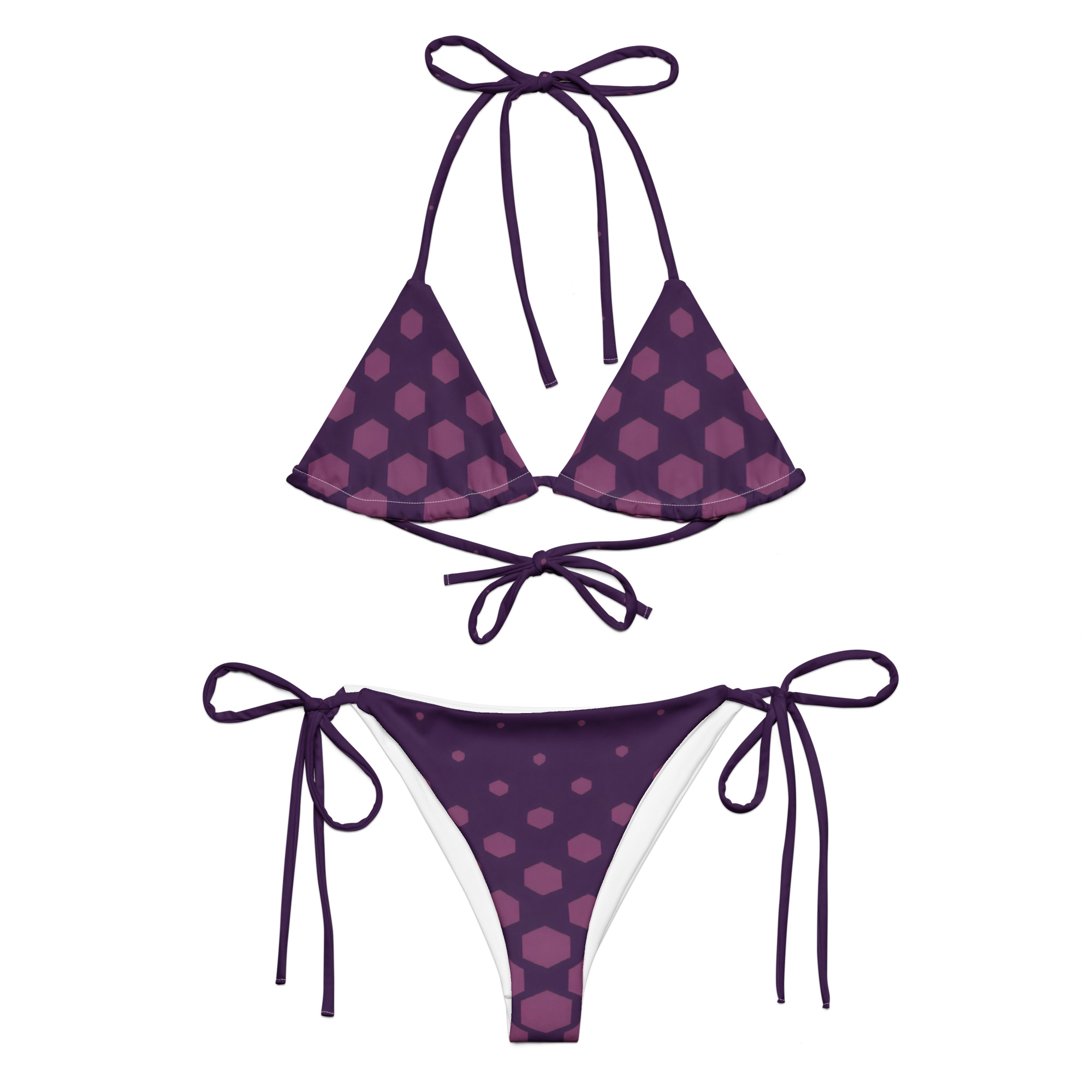 BERKEI Bikini Purple Gear mit hexagonalem Muster, ideal für entspannte Tage am Strand.