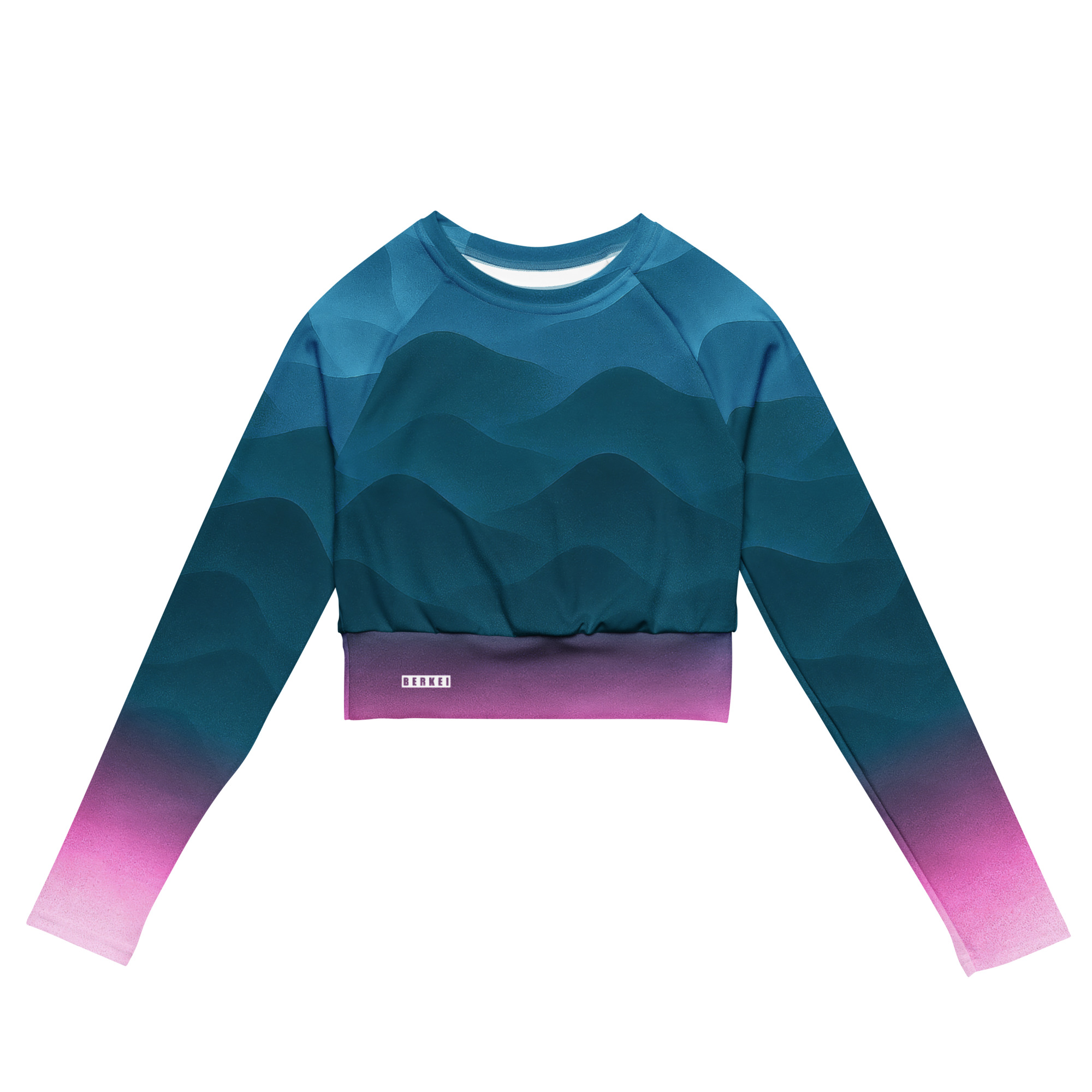 Recyceltes langarm Crop Top 'Fountain Blue' von BERKEI mit wellenförmigem Design