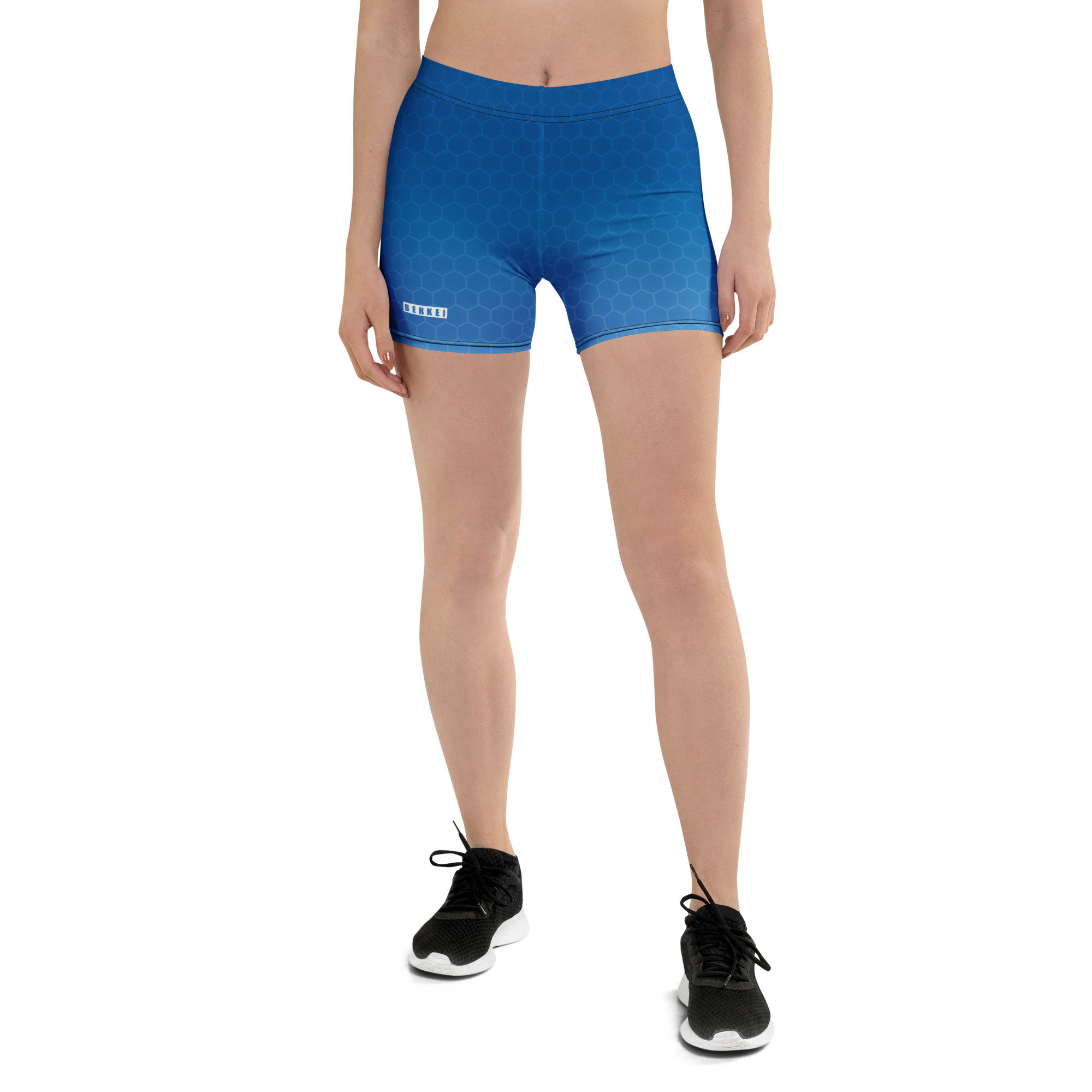 Sportliche BERKEI Shorts Blue Gear mit modernem Sechseck-Muster für aktive Frauen.