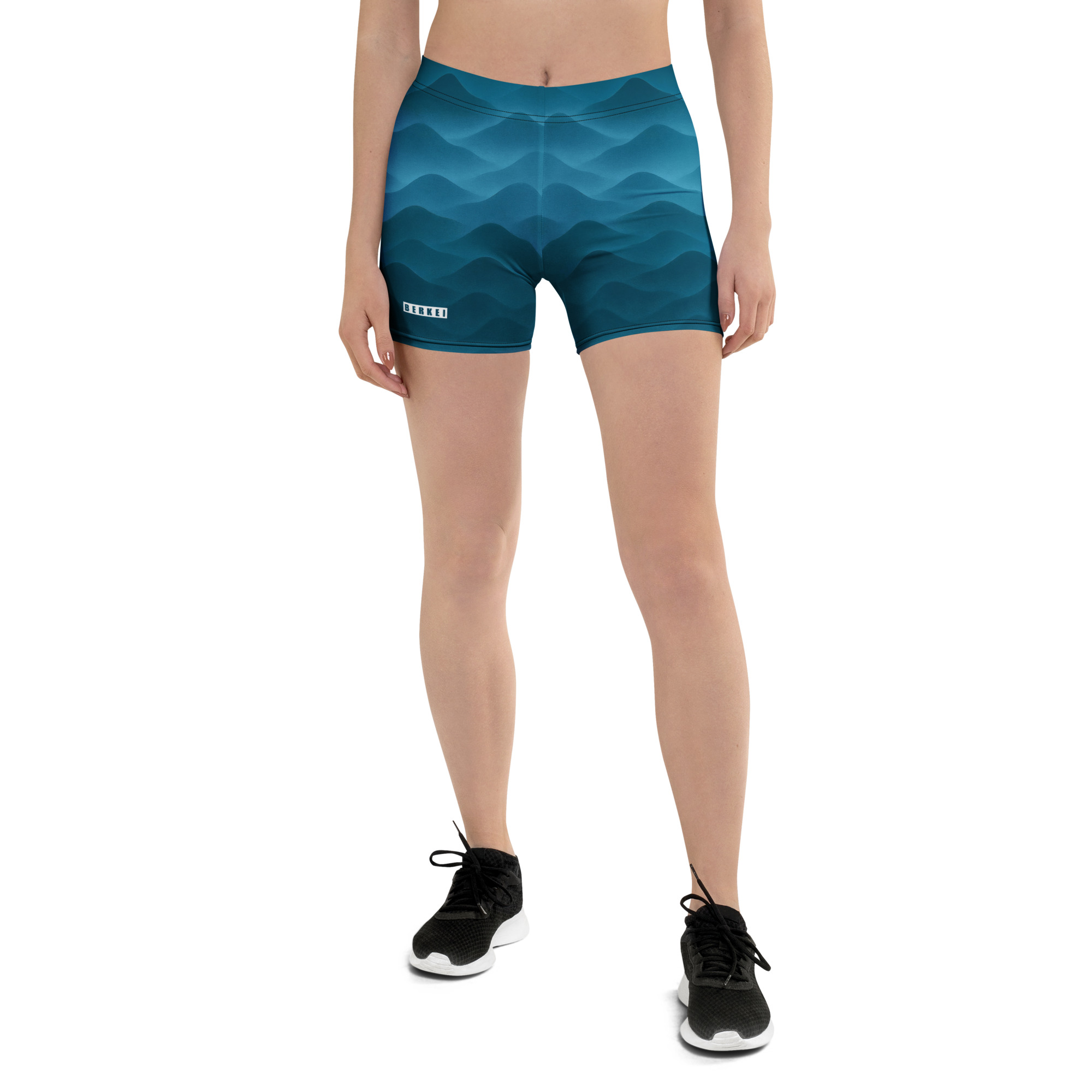 Damenberkei Shorts Fountain Blue mit Wellendesign, ideal für sportliche Aktivitäten.