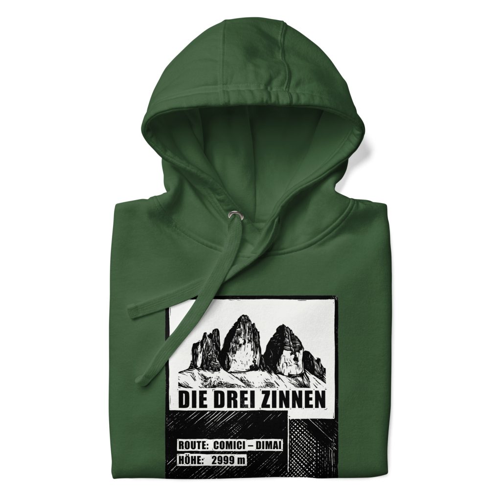 Grüner BERKEI Hoodie mit Die Drei Zinnen Grafik und Route Comici-Dimai