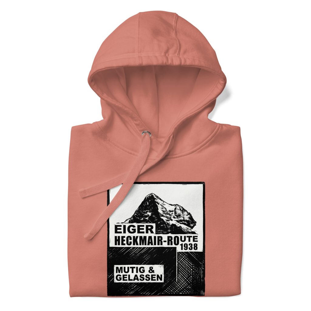 BERKEI Hoodie Eiger Heckmair-Route in korallfarben mit Bergmotiv