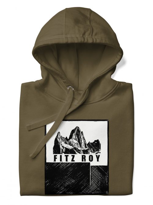 Olivefarbener BERKEI Hoodie mit Fitz Roy Bergmotiv für Outdoor-Liebhaber.
