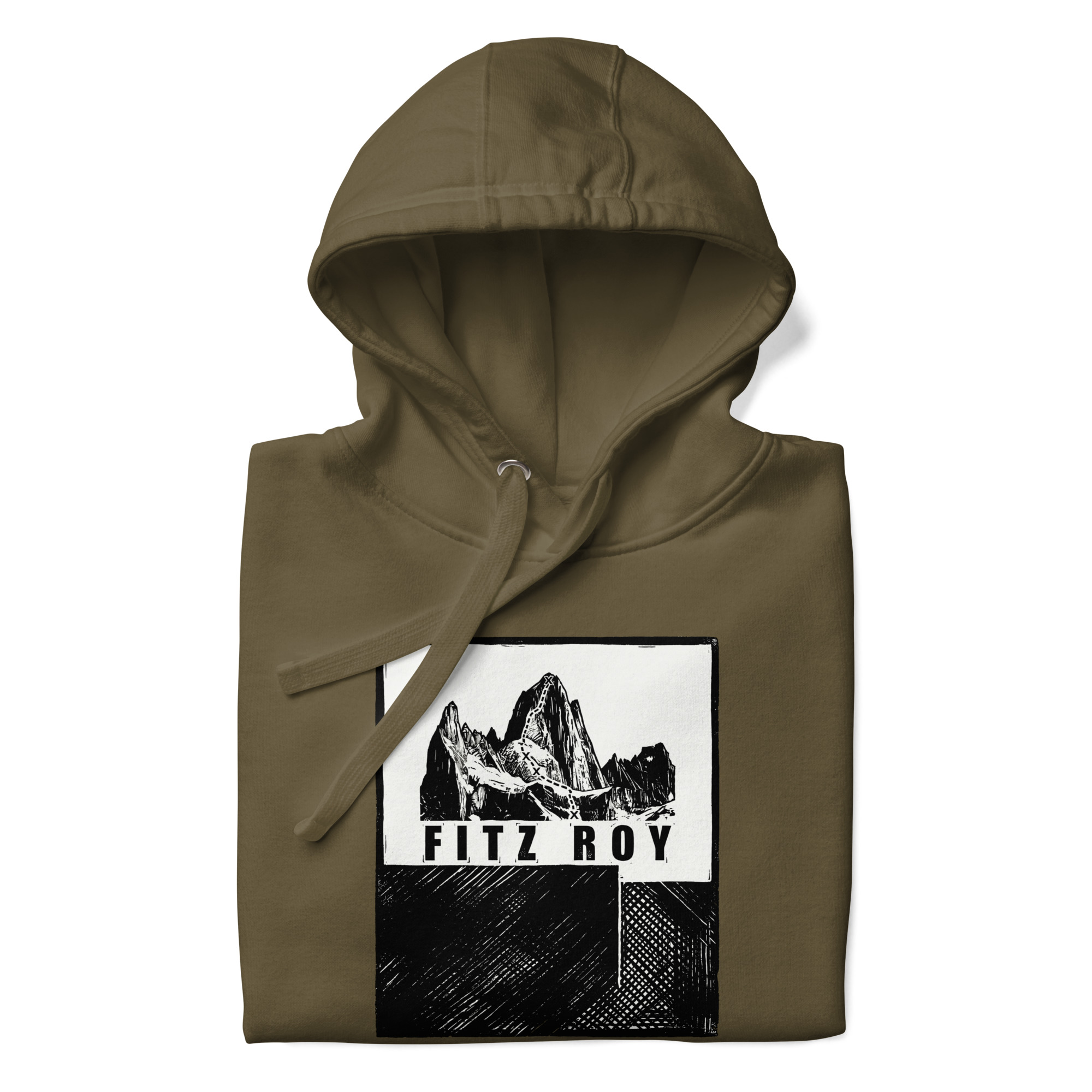 Olivefarbener BERKEI Hoodie mit Fitz Roy Bergmotiv für Outdoor-Liebhaber.