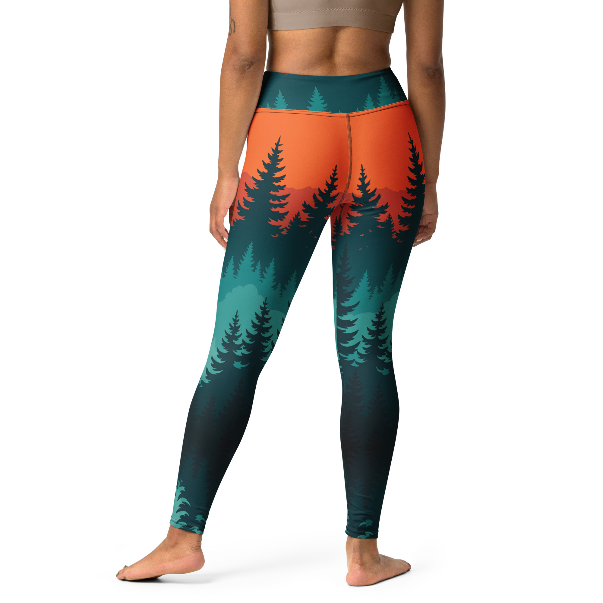 Taiga Sunset High-Waist Performance Leggings von BERKEI mit farbenfrohem Waldmotiv für aktiven Lifestyle.