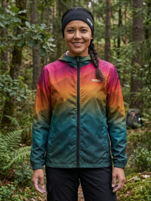 Frau trägt den BERKEI Windbreaker Unisex Forest Sunrise im Wald