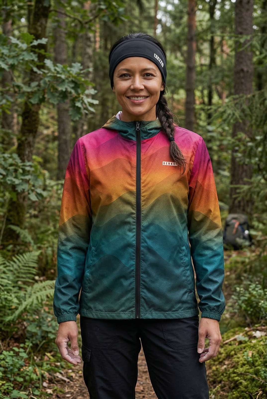 Frau trägt den BERKEI Windbreaker Unisex Forest Sunrise im Wald