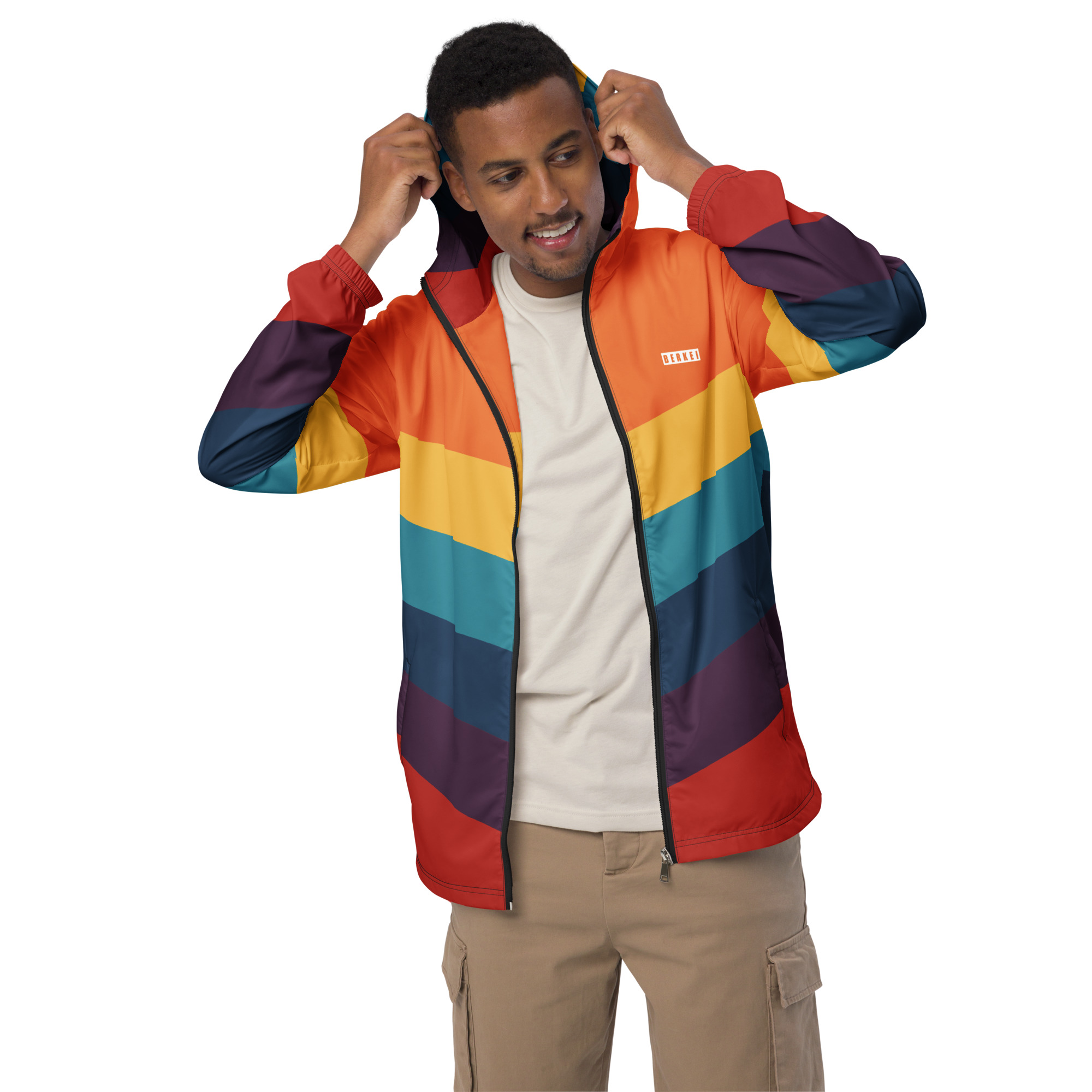 Mann trägt den bunten BERKEI Windbreaker Unisex Retro beim Laufen im Freien