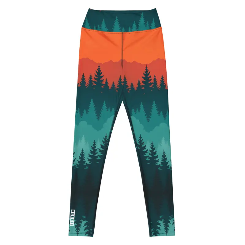 Farbenfrohe BERKEI High-Waist Performance Leggings Taiga Sunset mit Berg- und Waldmotiv