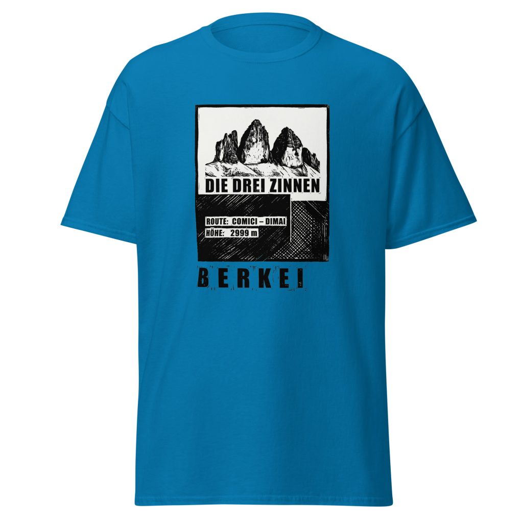Blaues BERKEI T-Shirt mit Druck der Drei Zinnen und Comici Dimai Route