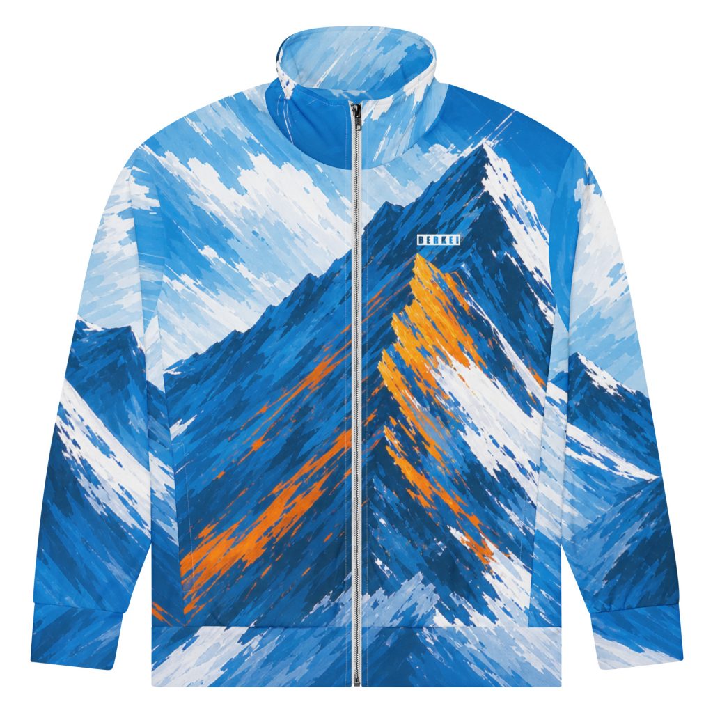 Bunte BERKEI Track-Jacke Alpine Rush mit Bergmotiv in Blau und Orange.