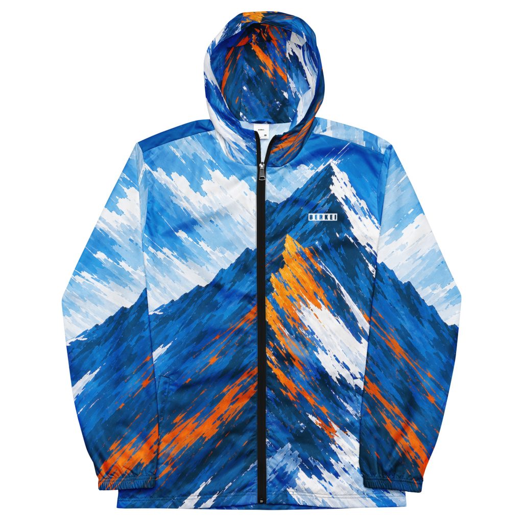 Farbenfroher BERKEI Windbreaker Unisex Alpine Rush mit Bergmotiv und Kapuze