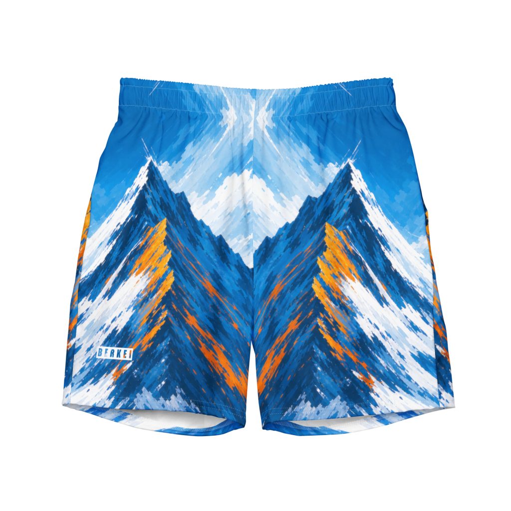 Bunte BERKEI Badehose Alpine Rush mit Bergmotiv auf himmelblauem Hintergrund